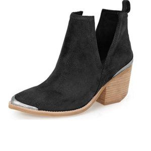 Low Heel Ankle Booties Faux Suede Cowboy Boots Cut Out with Metal Toe Shoes
